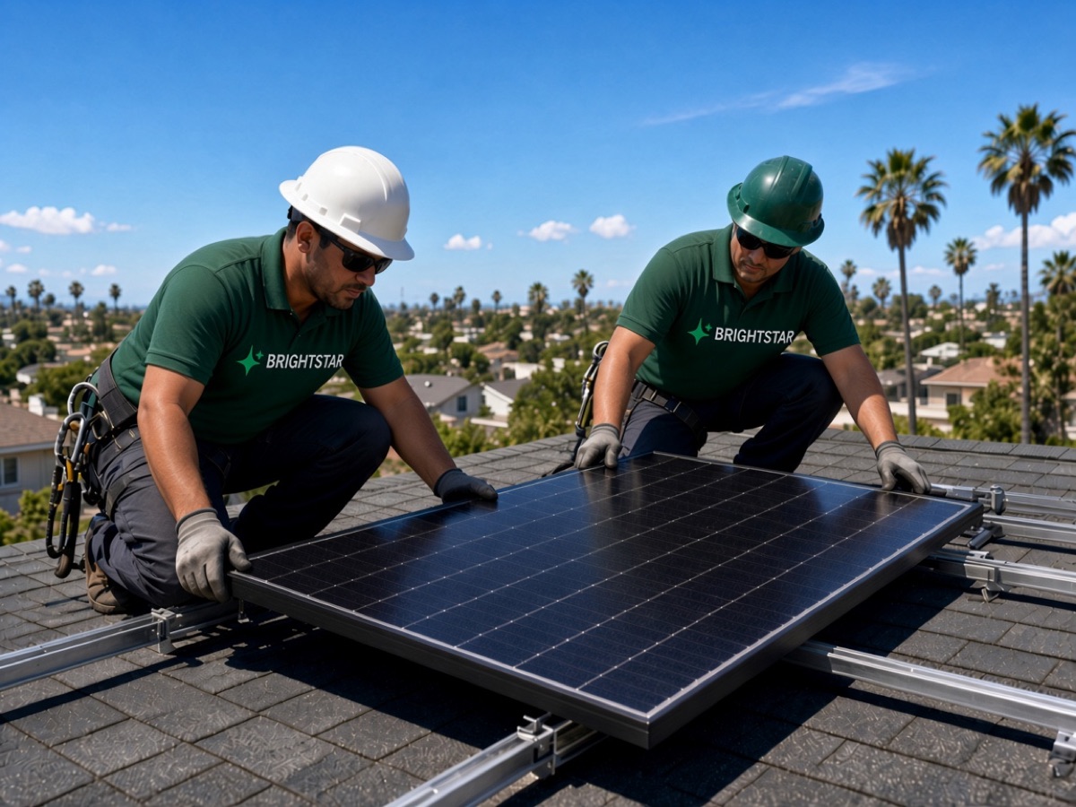 BrightStar installers mounting solar panels on a roof